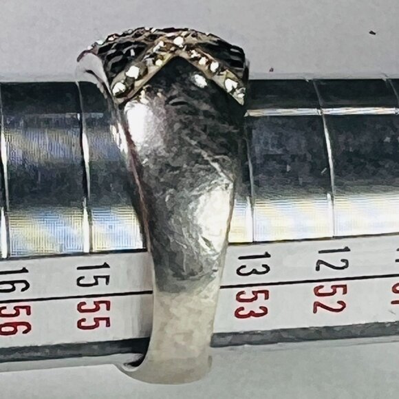 VTG Black & Silver CZ Ring Rhinestones Diamond Pattern Enamel Cocktail Band Sz 7 - Picture 4 of 5